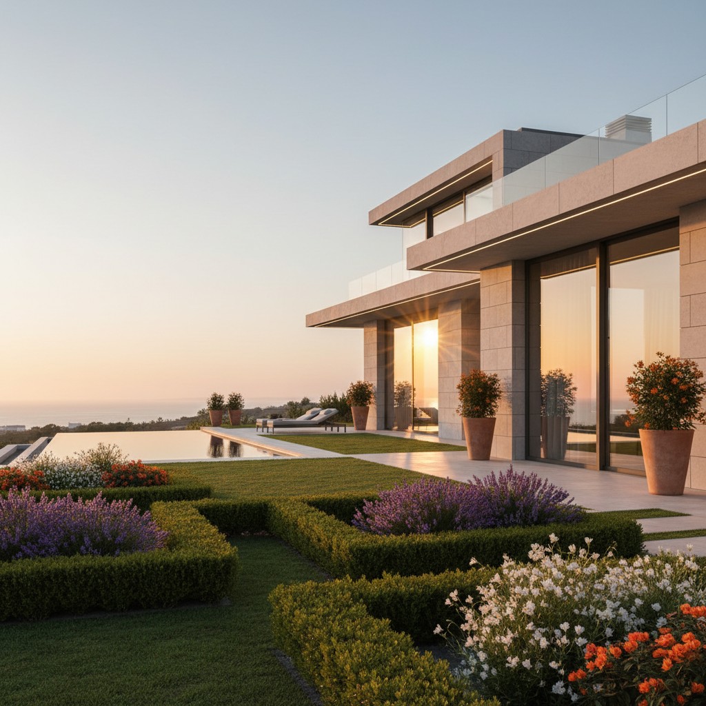 The alt text for this image reads: "Luxurious mansion with a garden and swimming pool at sunset."